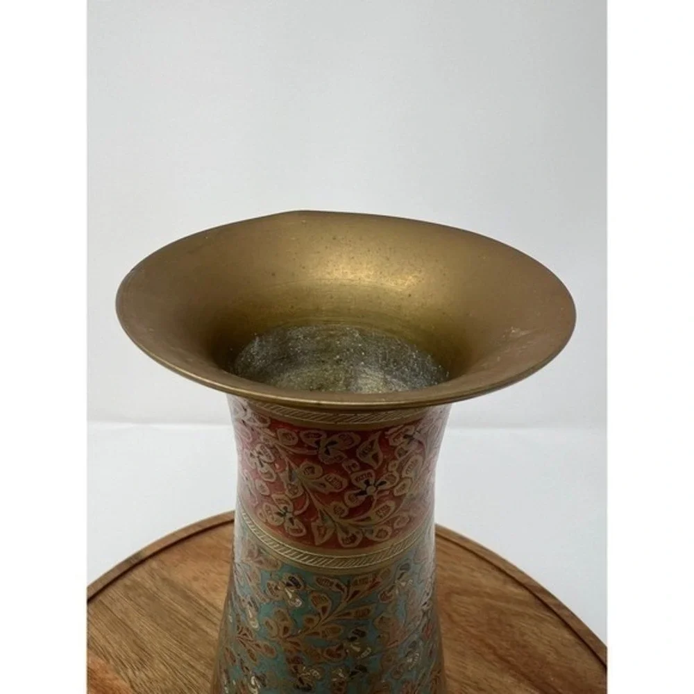 Vintage Brass Enamel Vase Red Teal‎ Floral Embossed Decorative Accent